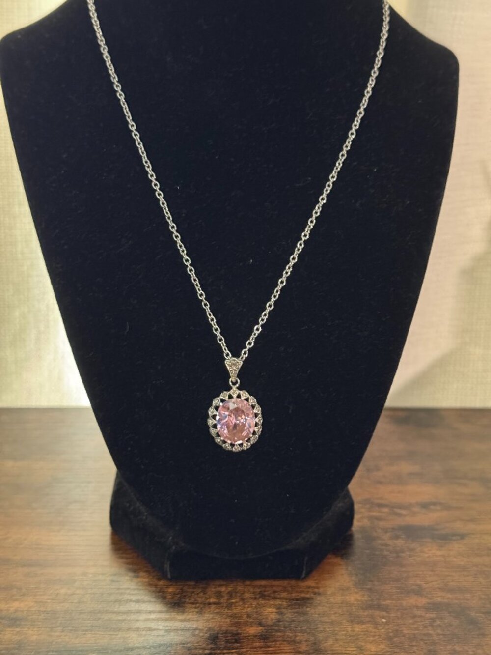 925 Sterling Silver Pendant with Large Oval Pink and Clear Stones Necklace